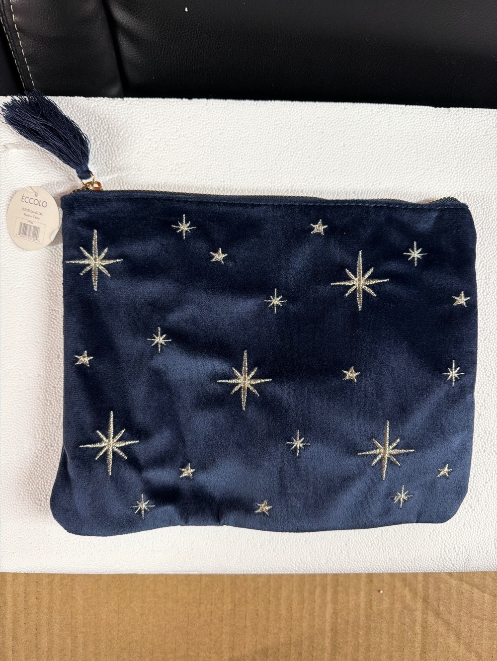 Eccolo Navy Blue Velvet Star Embroidered Pouch with Tassel